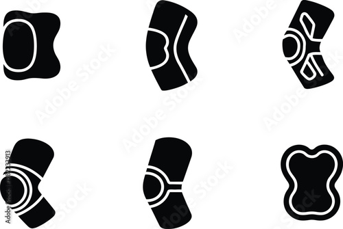 Six black silhouette icons of protective pads for knees and elbows knee pad elbow pad