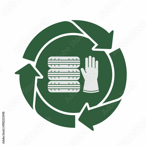 Recycling symbol with stacked tires and protective glove, waste management, circular economy, reuse concept.
