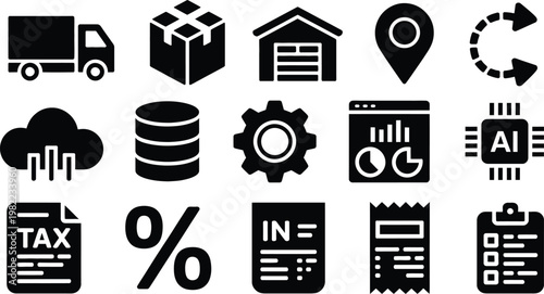 finance icons set featuring delivery warehouse analytics tax and industry symbols in modern flat vector design