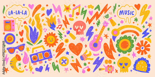 Photos Colorful hand drawn illustration featuring music notes instruments and vibrant d