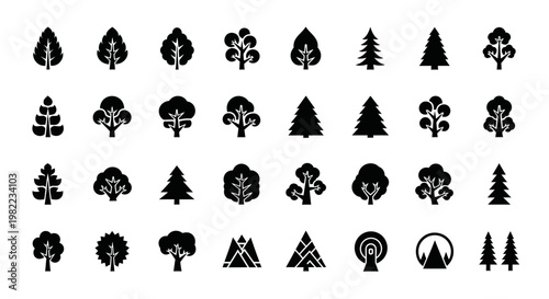 Collection of various tree silhouettes and leaf icons.