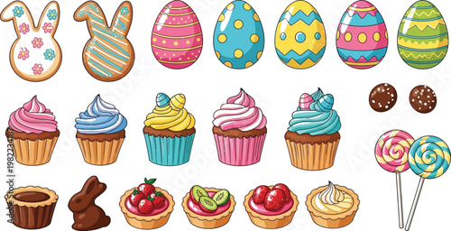 Colorful assortment of whimsical desserts and easter-themed treats Vector