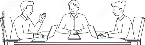 Small business team of professional colleagues having a productive discussion at desk with laptops in minimalist office environment line art vector.