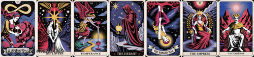 Set of mystical tarot cards aligned in a row. Each card depicts symbolic figures and celestial imagery. Dark robes, radiant light, and celestial symbols dominate the scene