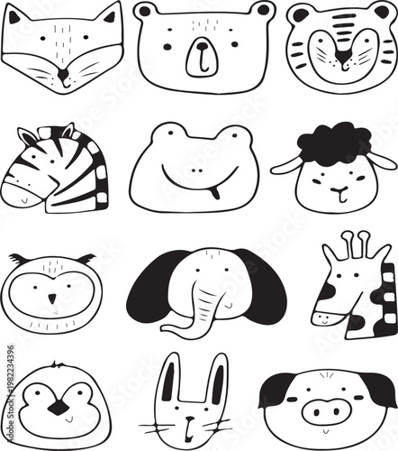 Cute Animal Faces Coloring Page for Kids Line Art Set