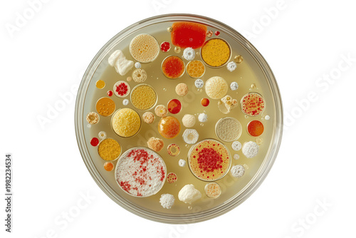 Petri dish showing a variety of colorful microbial colonies growing on an agar medium for scientific research and pathology
