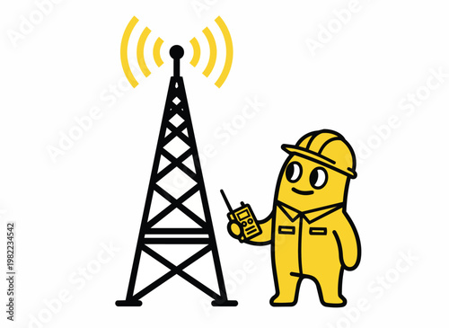 Technician with hard hat holding walkie talkie near radio tower, communication signal waves.
