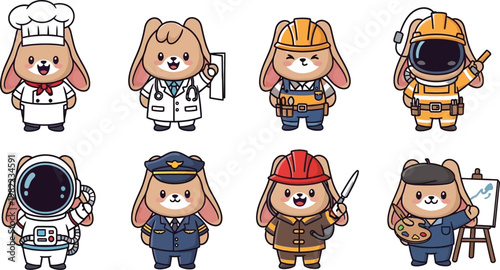Whimsical cartoon characters dressed in various professional outfits and costumes Vector