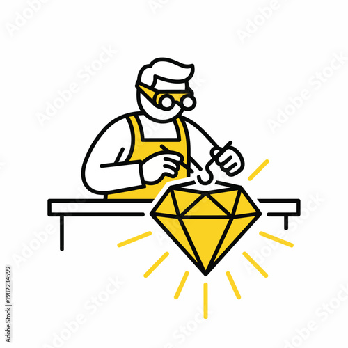 Jeweler carefully cuts diamond with tools on workshop table, gemstone sparkles brightly.