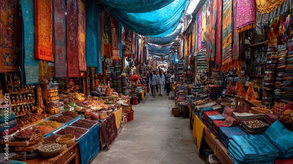 Obraz premium Vibrant marketplace bustling with shoppers amidst a colorful array of goods and textiles
