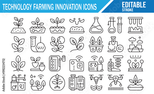 Technology Farming Innovation Icons Set Editable Line Vector Agriculture Smart Farming AgriTech IoT Crop Growth Irrigation Hydroponics and Modern Farm System Symbols