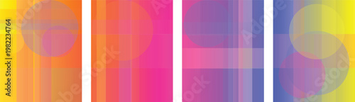 Four vertical panels featuring vibrant gradient backgrounds, overlapping translucent circles, and intersecting linear grid patterns in bright colors