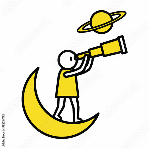 Stick figure person on crescent moon looking through telescope at Saturn planet and stars in yellow sky.