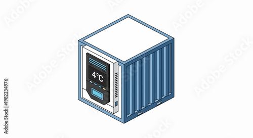 Isometric Refrigerated Shipping Container with Temperature Control Display, Blue Reefer for Cold Chain Logistics and Food Transportation