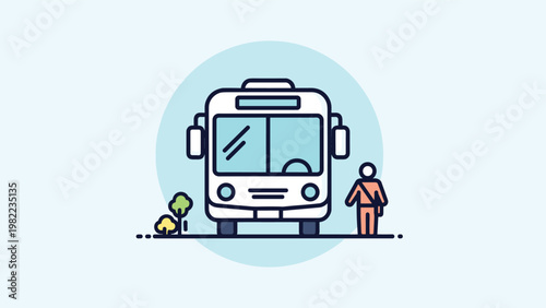 Modern illustration of a white transit bus at a stop with a passenger figure waiting nearby in a circular frame.