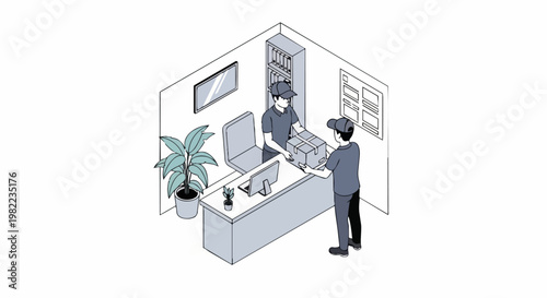 Isometric Delivery Courier Handing Package to Clerk at Reception Office Counter Illustration