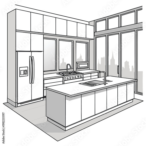 A contemporary luxury kitchen interior featuring modern wood cabinets and a new stove inside an empty apartment room with architecture design