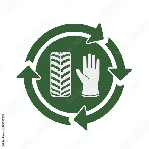 Recycle symbol with tire and glove inside for waste management and safety equipment reuse concept.