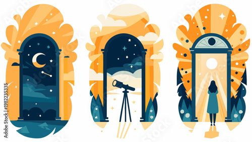 Three ornate arches displaying celestial scenes and figures