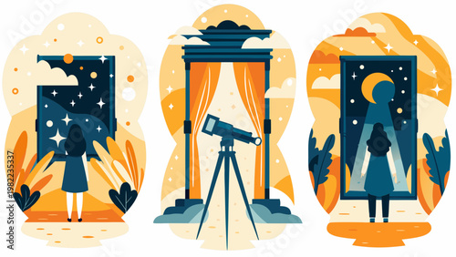 Three ornate doorways reveal celestial scenes and solitary figures