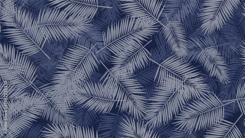 Dense and moody seamless pattern featuring overlapping palm fronds in deep blue and slate grey tones for a tropical feel.