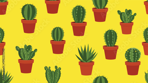 Fun and colorful seamless pattern featuring various types of green cacti in terracotta pots on a bright yellow background.