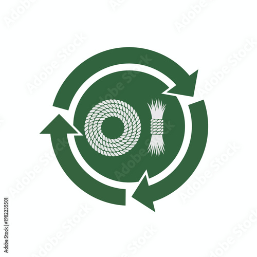 Recycle symbol with rope and straw bundle inside for sustainable materials and natural resource reuse concept.