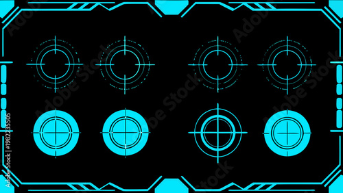 Futuristic targeting reticles displayed on a black background with a cyan frame