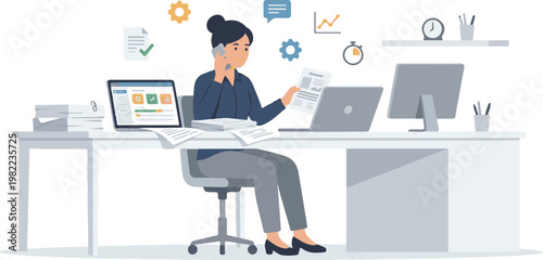 Busy administrative assistant multitasking with phone calls and paperwork