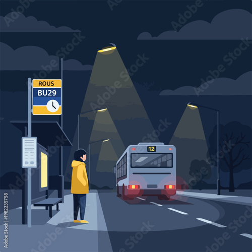A person in a yellow jacket waits at a bus stop at night while a bus drives away