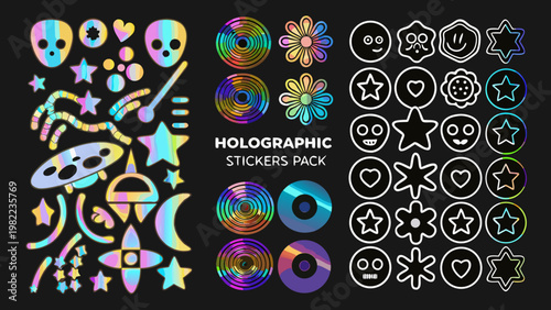 Colorful holographic sticker pack featuring aliens stars and floral designs