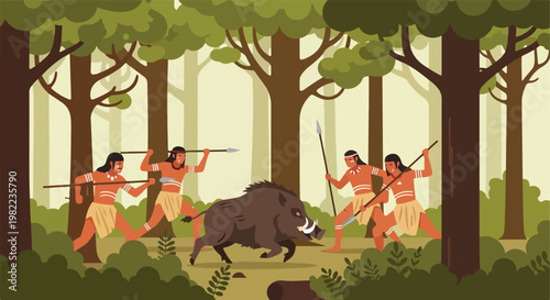 Indigenous hunters with spears corner a wild boar in a dense green forest scene