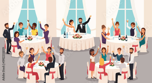 Wedding banquet scene with bride, groom and guests cheering at white round tables