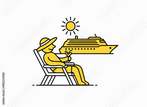 Person relaxing in deck chair with cocktail and cruise ship in background on sunny day.