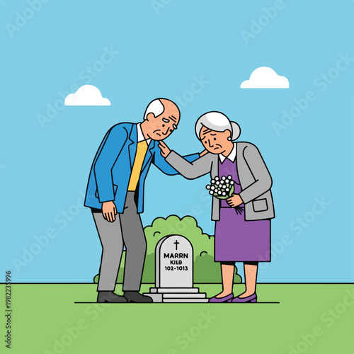 Sad elderly man and woman mourning at a grave in a cemetery with a white bouquet