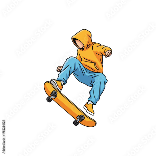 Skateboarder in vibrant yellow hoodie mid-air performing an energetic ollie trick