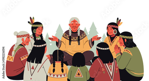 Illustration of Native American elder storytelling to tribe in ethnic garments