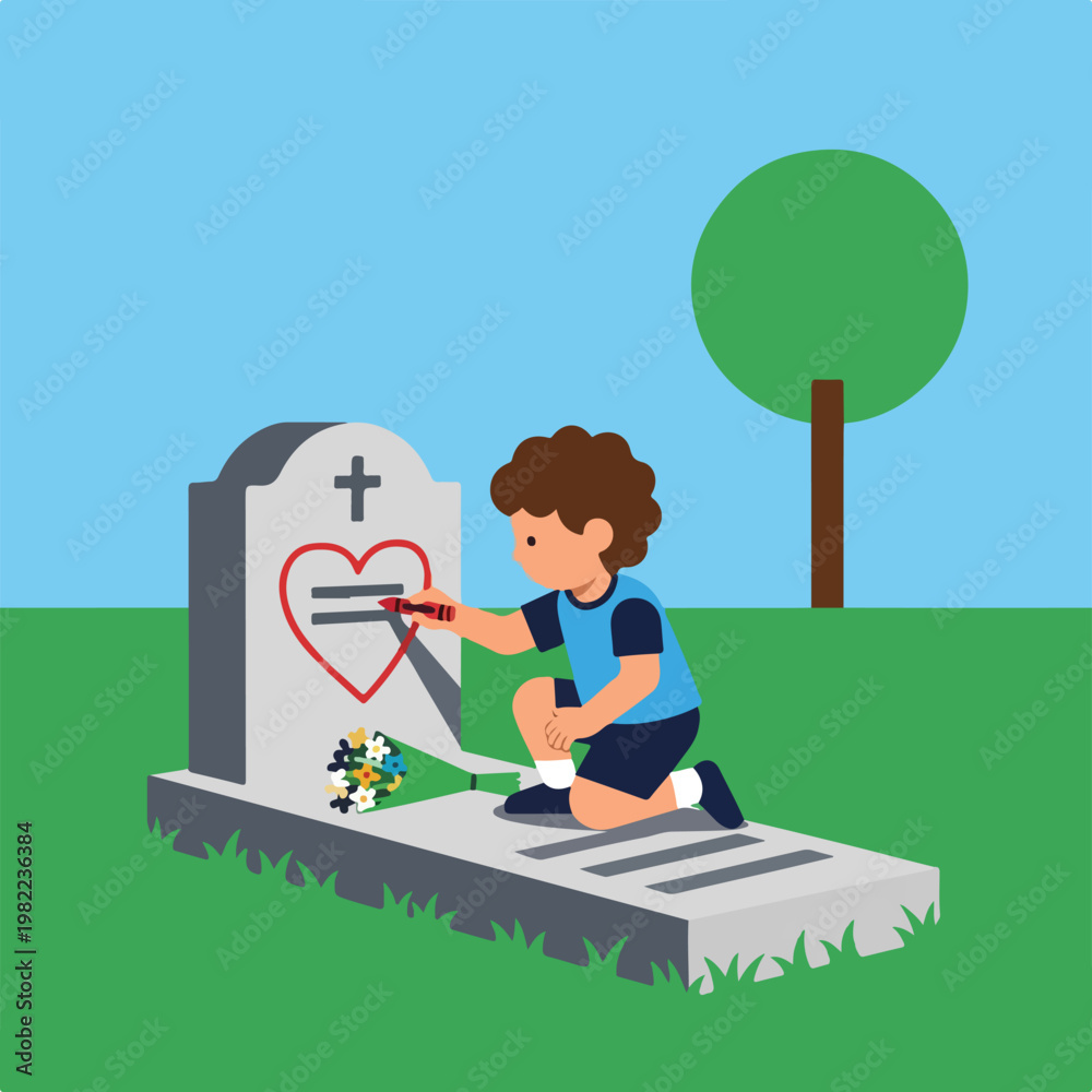 Fototapeta premium Young boy drawing a red heart on a tombstone in a cemetery flat vector graphics