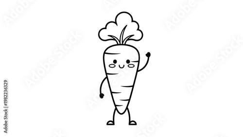 Adorable cartoon carrot character with a happy smiling face, rosy cheeks, and waving its hand on a plain white background.