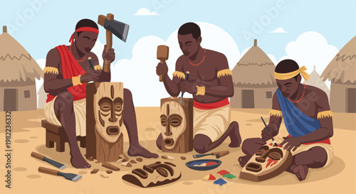 Men carving and painting wooden masks outdoors in a traditional African village