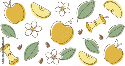 Hand Drawn Apple Seamless Pattern Featuring Whole Apples, Slices, Seeds, Leaves, and Blossoms in Modern Outline Style for Textile, Packaging, and Background Design