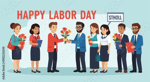 Happy Labor Day celebration with diverse office workers giving colorful flowers