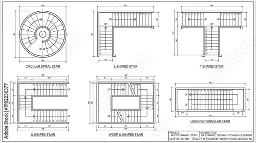 Staircase Design Blueprint Icon Set with Circular, L-Shaped, T-Shaped, U-Shaped, and Rectangular Stairs for Architecture and Interior Design