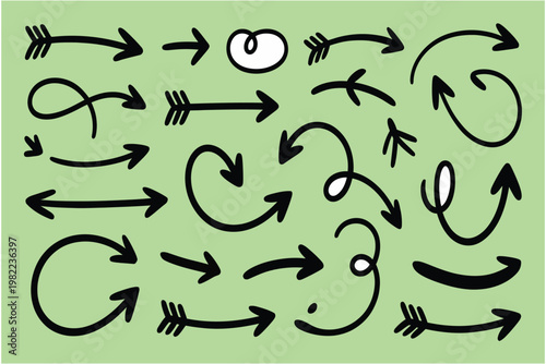 Collection of hand-drawn arrows and doodles on green background with dashed border simple vector illustration