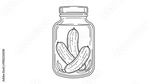 Traditional glass jar filled with green pickled cucumbers, shown in a detailed black and white line art illustration style.