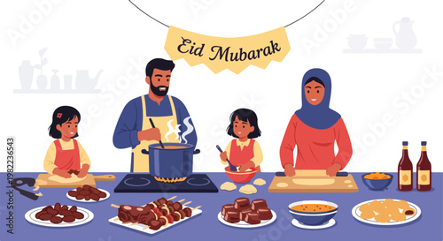 Muslim family with kids preparing a traditional festive meal for Eid celebration