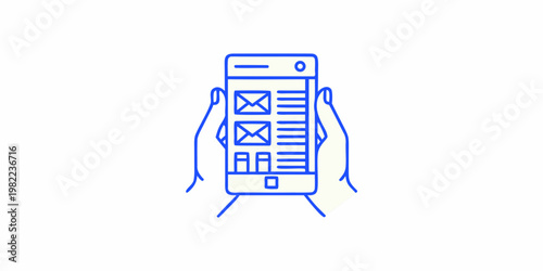 Hands holding a mobile phone displaying an email inbox interface