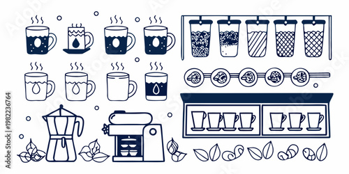 Stylized illustration of various coffee brewing methods and beverage presentations