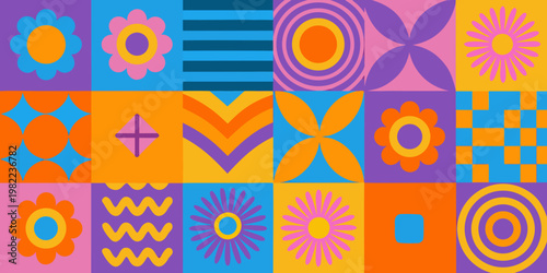 A vibrant colorful grid of retro mid century modern floral and geometric patterns