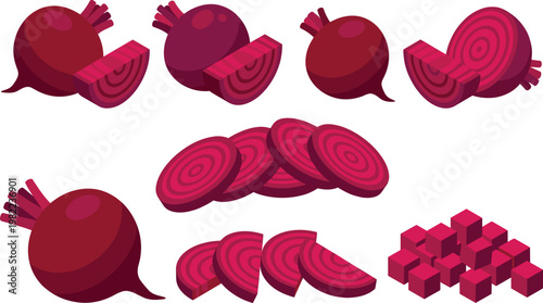 Beetroot Vector Set with Whole Beets, Slices, Segments, and Cubes in Bold Flat Style Illustration for Fresh Vegetable, Cooking, and Organic Food Design